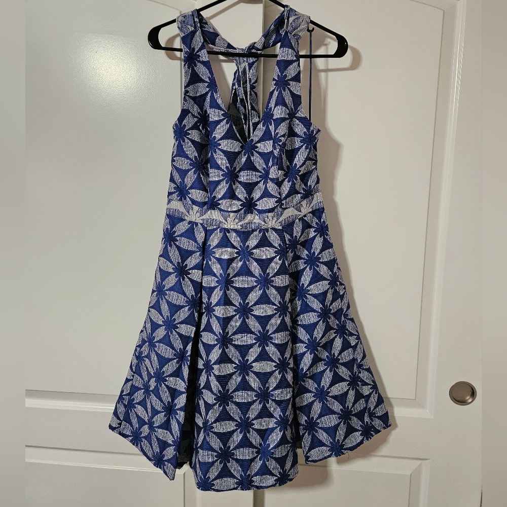 ModCloth Blue and White Pleated Dress With Pockets